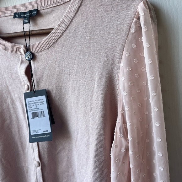 ADRIANNA PAPELL Blush Pink Button-Down Cardigan with Sheer Polka Dot Sleeves NWT - Picture 9 of 12